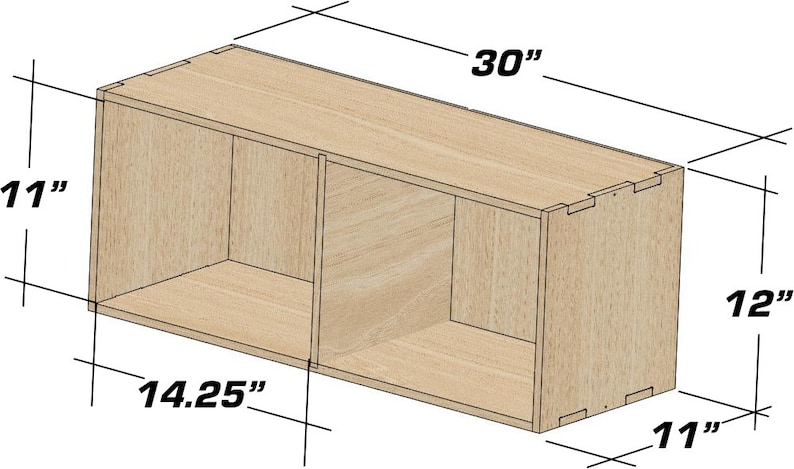 May include: A wooden shelf unit with two compartments. The shelf is 76.2 cm wide, 30.5 cm tall, and 36.2 cm deep.