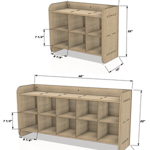 May include: Two wooden storage shelves with multiple compartments. The larger shelf is 46 inches wide, 22 inches high, and 12 inches deep. The smaller shelf is 27 3/4 inches wide, 22 inches high, and 12 inches deep. Each shelf has 6 compartments.