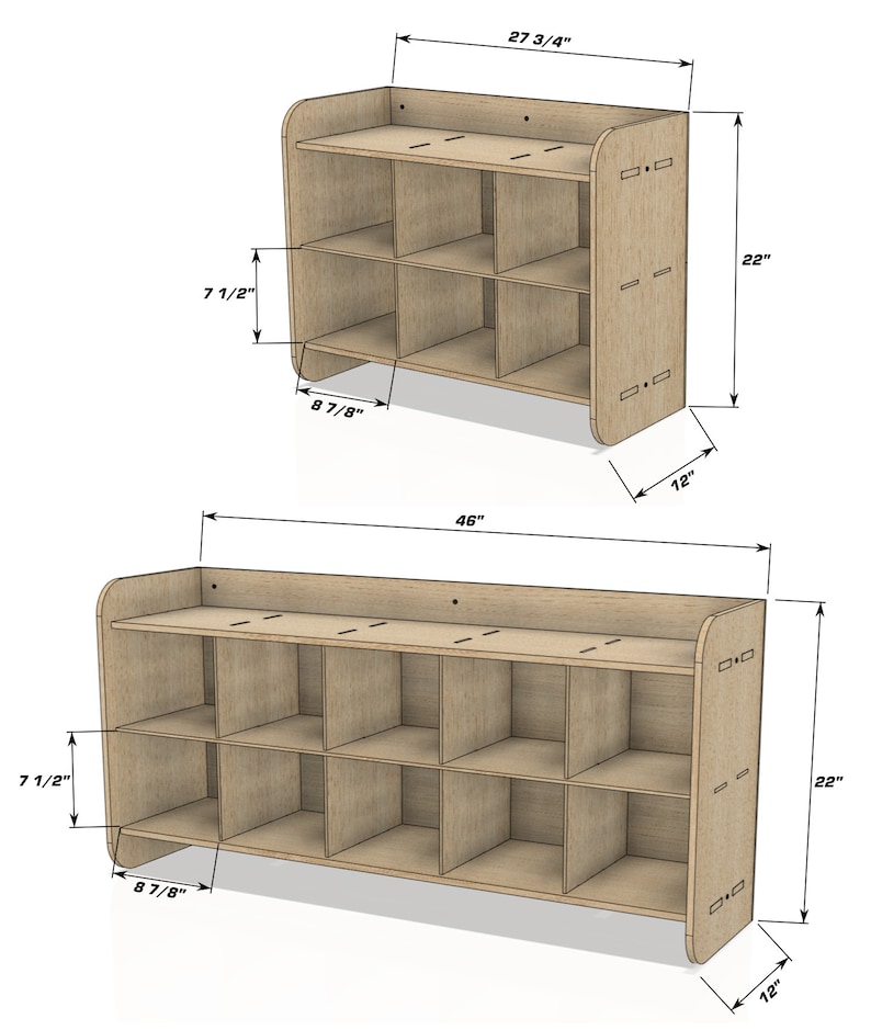 May include: Two wooden storage shelves with multiple compartments. The larger shelf is 46 inches wide, 22 inches high, and 12 inches deep. The smaller shelf is 27 3/4 inches wide, 22 inches high, and 12 inches deep. Each shelf has 6 compartments.