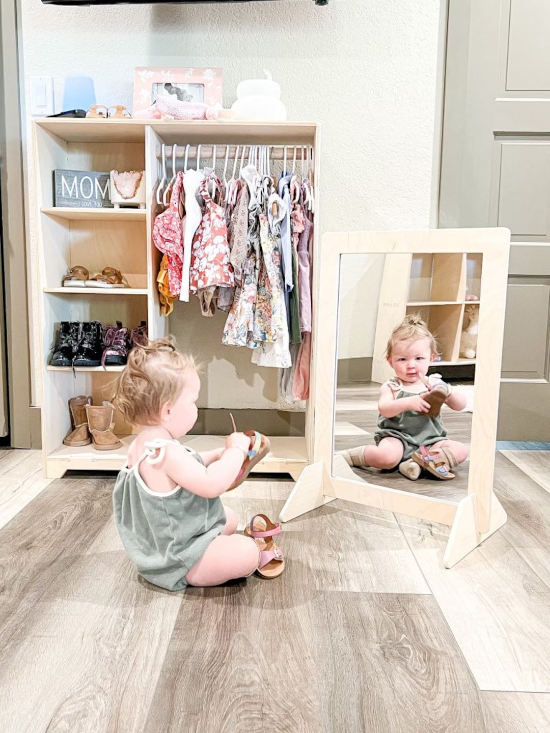 Specchio per bambini Specchio Montessori regolabile Specchio da pavimento  in legno per la cura personale dei bambini Giocattoli Montessori Specchio