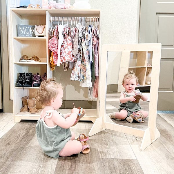 Espejo para niños pequeños Espejo Montessori ajustable Cuidado personal para niños pequeños Espejo de piso de madera Juguetes Montessori Espejo de entrada de regalo para niños de 2 años HEATHER