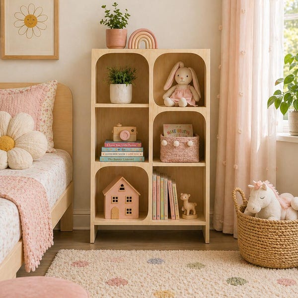 Arched Montessori Bookshelf for Toddlers Wooden Montessory Toy Shelf Nursery Toy Storage Neutral Girls Room Shelf Organizer USA made GRACE