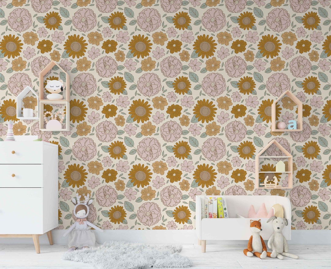 Muted Floral Wallpaper Peel and Stick Wallpaper Fall Flat Etsy