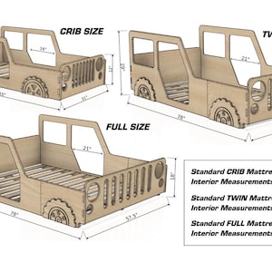 May include: Diagram showing three different sizes of a wooden Jeep bed frame: crib, twin, and full. The diagram includes measurements in inches for the overall dimensions and the mattress size.