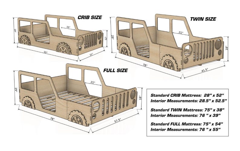 May include: Diagram showing three different sizes of a wooden Jeep bed frame: crib, twin, and full. The diagram includes measurements in inches for the overall dimensions and the mattress size.