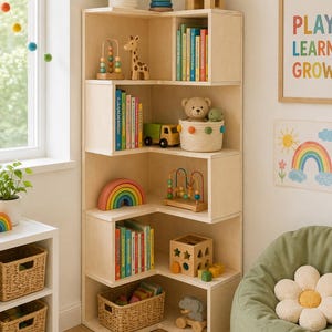 May include: A light wood corner bookshelf filled with children's toys and books. The shelves display a wooden giraffe, a rainbow stacker, a teddy bear, and a wooden abacus. A sign on the wall reads "PLAY, LEARN, GROW."