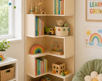 Montessori Corner Shelf, Toddler Wooden Toy Storage, Nursery Furniture, Playroom Organizer Corner Shelf for Playroom ZIGGY