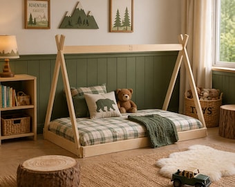Letto Montessori da pavimento, letto a tenda, letto a teepee, letto per bambini, letto da pavimento, letto a teepee con doghe per co-sleeping SCOUT