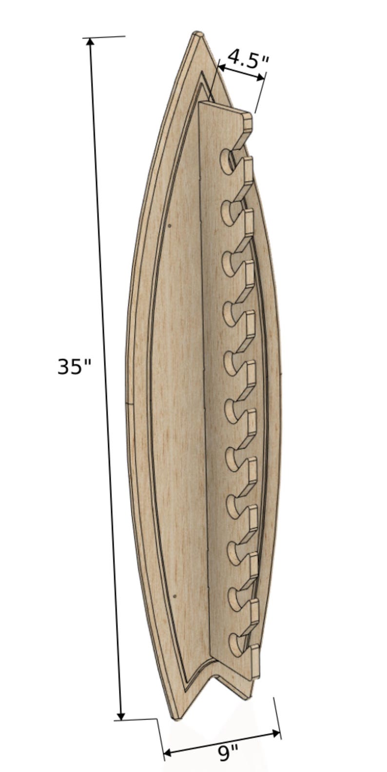 May include: A wooden wall-mounted rod holder with a curved shape. It has 10 slots for rods and measures 35 inches tall, 9 inches wide, and 4.5 inches deep.