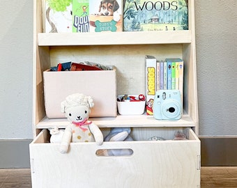 DISCOUNTED LEO- Montessori Bookshelf with Storage Toy Box Toddler Bookcase Montessori Wooden Furniture Montessori Toys Gift for 2 year old