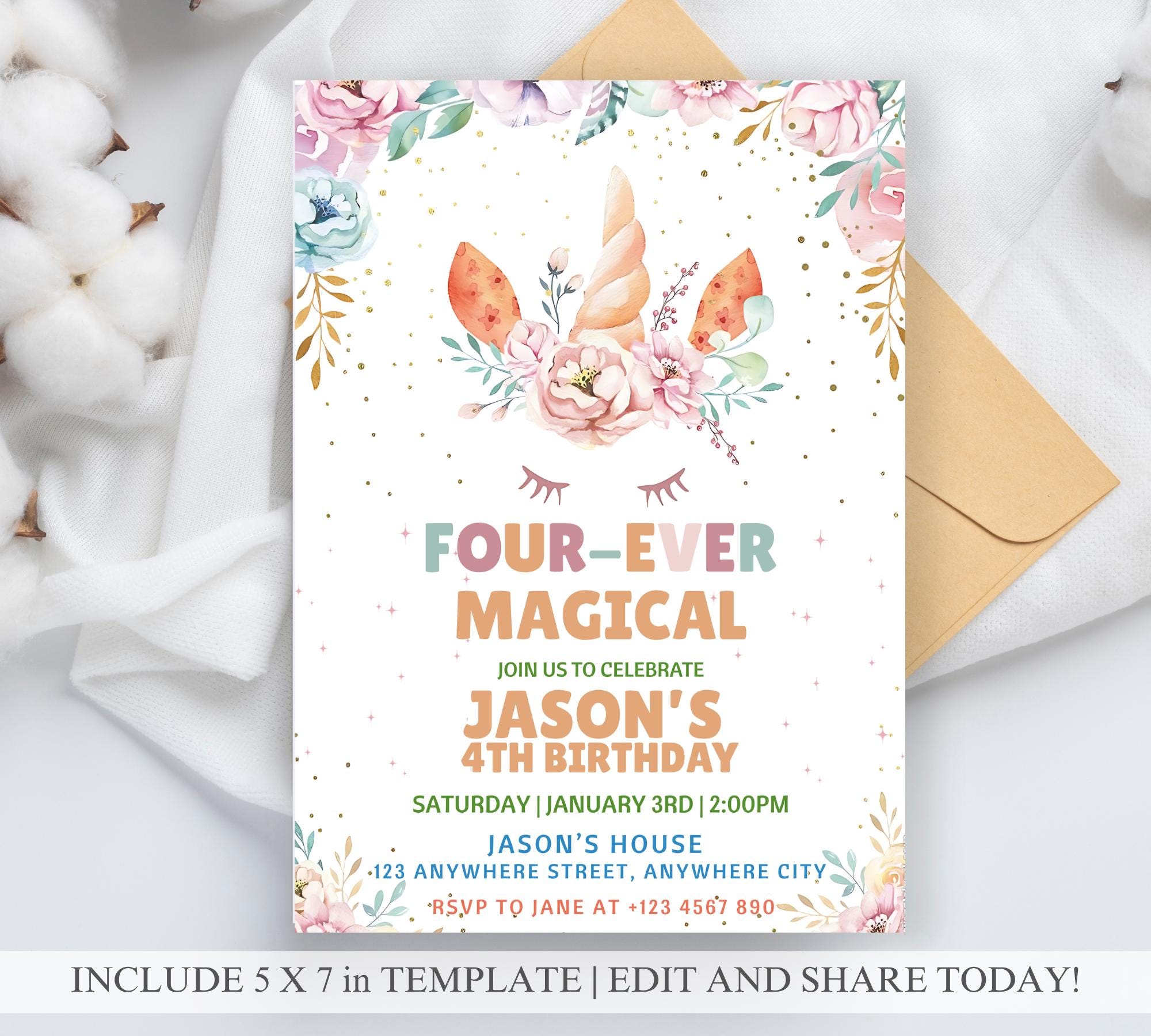 Editable Unicorn 4th Birthday Invitation, Four Ever Magical Invite ...