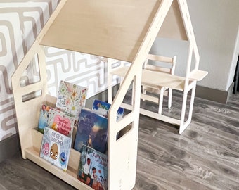 WALLY- Montessori Bookshelf / Kids Desk / Playhouse Combo- Montessori Shelf- Toddler Furniture- Indoor Play Tent - Kids Hideout- Playground!