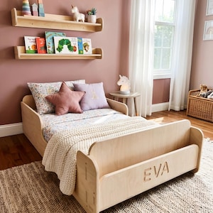 Cama Montessori de suelo, muebles de madera, cama infantil de suelo, cama para niños pequeños, cama de suelo, cama con barandillas, cama colecho de EVA.