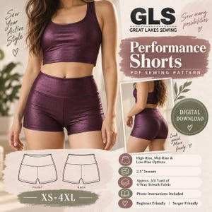 Peut inclure: Un patron de couture numérique pour short de sport par Great Lakes Sewing. L'image montre un haut court et un short taille haute violet métallisé, avec des croquis techniques, les tailles XS-4XL et une entrejambe de 6,35 cm.