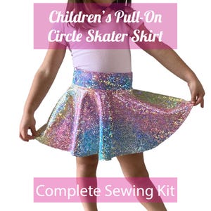 May include: A children's pull-on circle skater skirt in a complete sewing kit. The skirt is a vibrant rainbow of colors, with a shimmering, textured fabric. The text "Children's Pull-On Circle Skater Skirt" and "Complete Sewing Kit" are displayed.