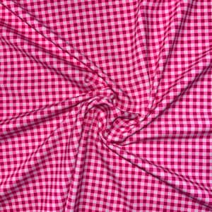 Pink Gingham Checkered Print Nylon/Spandex Fabric by-the-yard | White/Pink Squares Stretch Material for Apparel and Bathing Suits