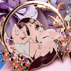 Flower Fox Hard Pin Fox Spirit Enamel Pin Kitsune Hard Enamel Pin Japanese Collection Unique Fantasy Mythology Art Cherry Blossom Sakura Fox