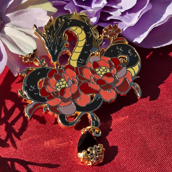 Black Dragon Hard Enamel Pin, Golden Japanese Art