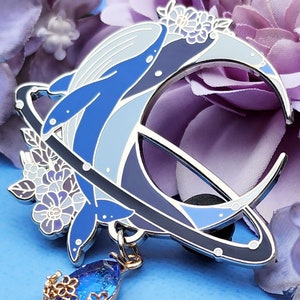 Moon Whale Hard Enamel Pin Blue Whale Flower Pin Blue Rain Drop Jewelry Pin