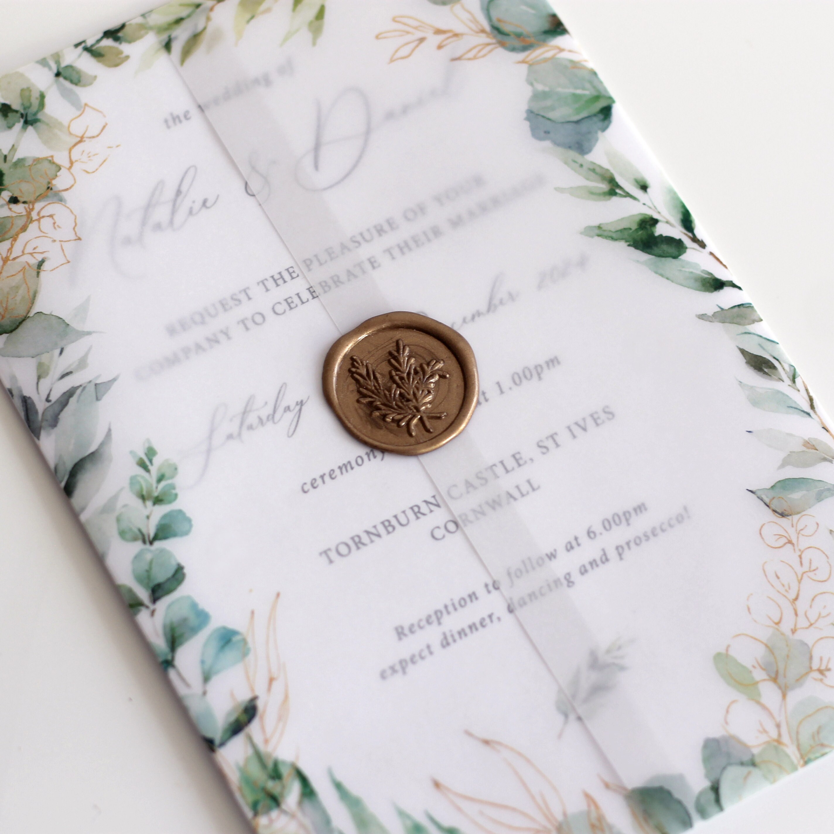 Vellum Wrap Wax Seal Wedding Invitation Botanical Leaf Green Etsy