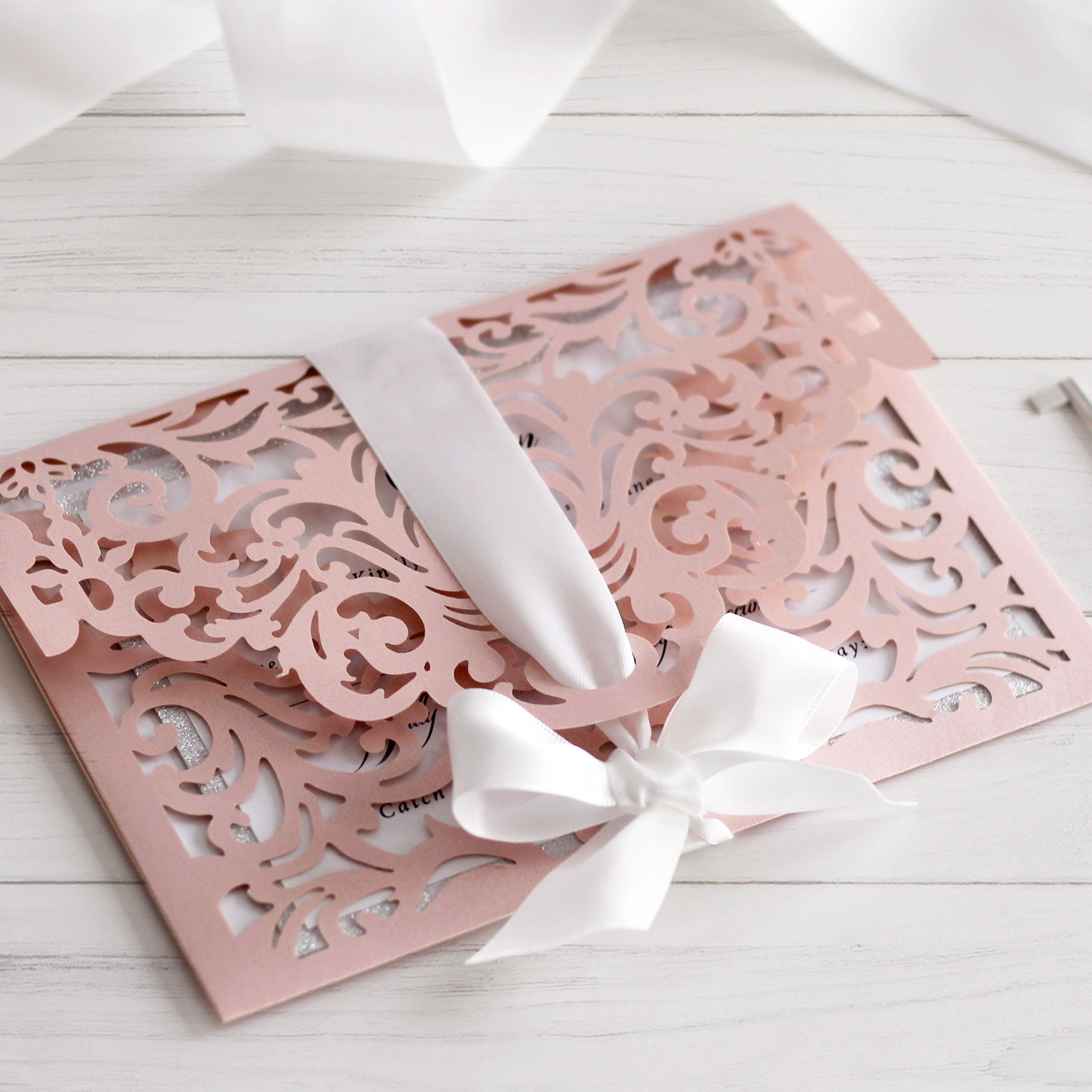 Laser Cut Blush Pink Lace Glitter Wedding Invitation Etsy