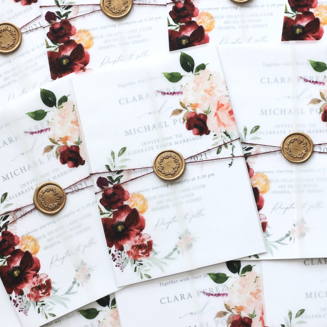 Vellum Wrap Wax Seal Wedding Invitation Burgundy Floral A5 Etsy