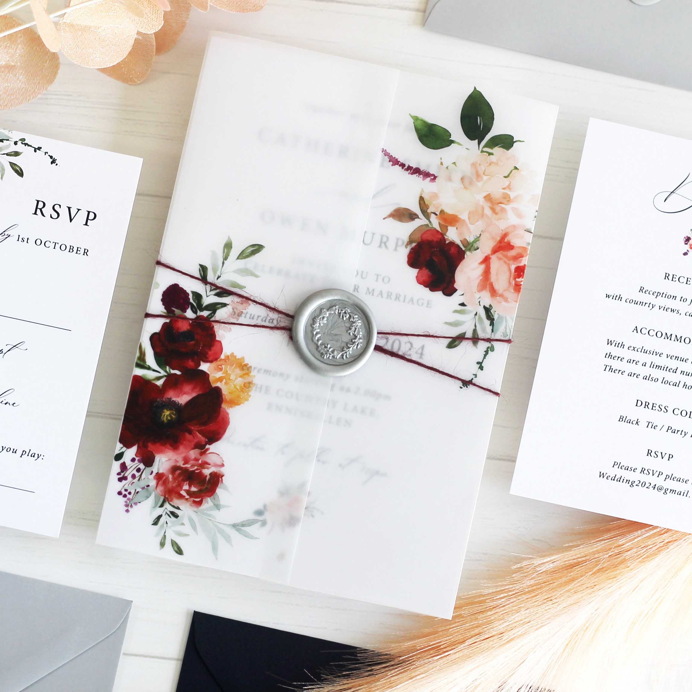 Vellum Wrap Wax Seal Wedding Invitation Burgundy Floral A5 Etsy UK