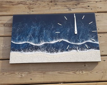 Relógio de resina - areia preta com água preta/azul e ondas brancas / arte de praia / pintura de resina / feito à mão / Canadá