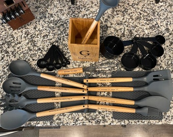 Kitchen Utensil Set - Personalized Laser Etched Silicone and Bamboo Cookware - includes measuring cups and mor pan counter mats