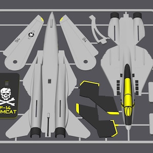 Kit de modelo de avião impresso em 3D F-14 Tomcat – jato de asa oscilante – presente de aviação para ele – modelo de suporte estilo cartão faça você mesmo – kit de exibição multicolorido