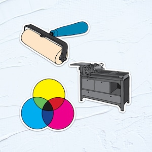 Letterpress Printmaking Vinyl Sticker Pack | Printing Brayer, Vandercook Press, CMYK Diagram