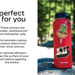 May include: A red Hydro Flask water bottle with two stickers. One sticker is a line drawing of a hanging plant and the other is a line drawing of a vintage Polaroid camera.
