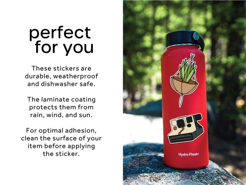 May include: A red Hydro Flask water bottle with two stickers. One sticker is a line drawing of a hanging plant and the other is a line drawing of a vintage Polaroid camera.