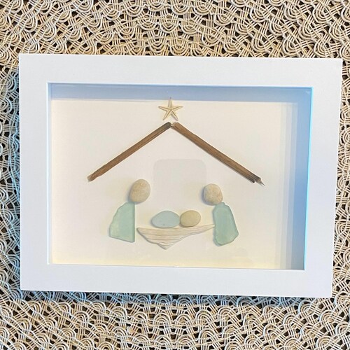 Seaglass Nativity Scene in White Shadow Box Frame