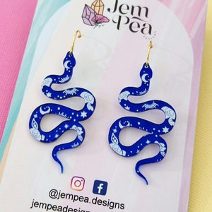 Boucles d&#39;oreilles crochet en acrylique bleu serpent en or blanc