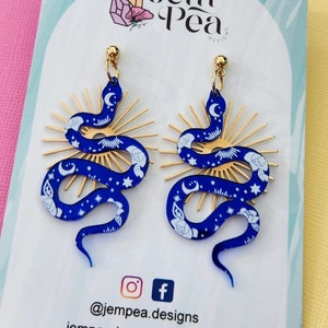 Boucles d&#39;oreilles en acrylique bleu serpent, or blanc et étoile du soleil en laiton