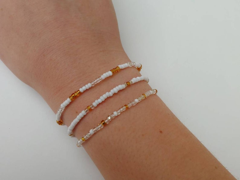 White beaded jewelry stretch cord bracelets teen jewelry and Gold seed bead bracelets set of 3 patterned stretchy bracelets Clear