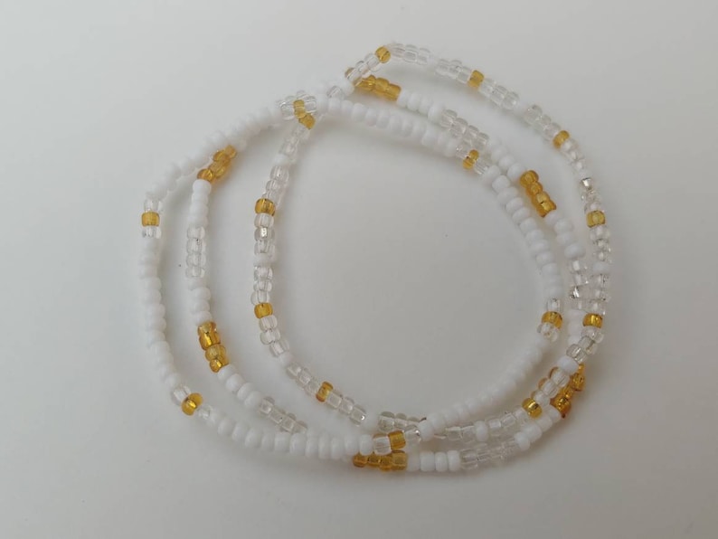 White beaded jewelry stretch cord bracelets teen jewelry and Gold seed bead bracelets set of 3 patterned stretchy bracelets Clear