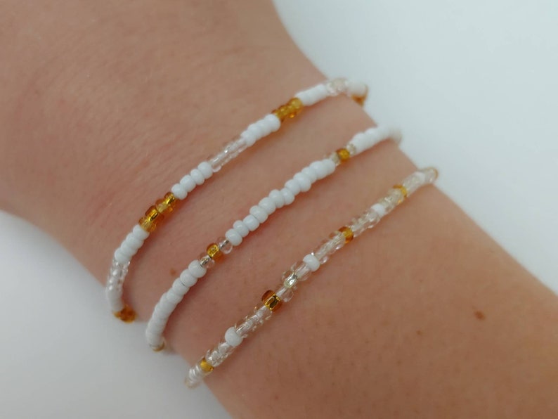 White beaded jewelry stretch cord bracelets teen jewelry and Gold seed bead bracelets set of 3 patterned stretchy bracelets Clear