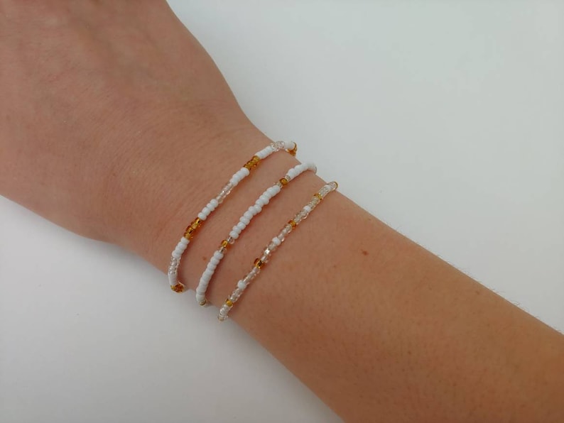 White beaded jewelry stretch cord bracelets teen jewelry and Gold seed bead bracelets set of 3 patterned stretchy bracelets Clear