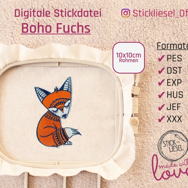 Boho Fuchs Embroidery Motif 10 x 10 cm Embroidery File I Digital Embroidery Pattern by Stickliesel