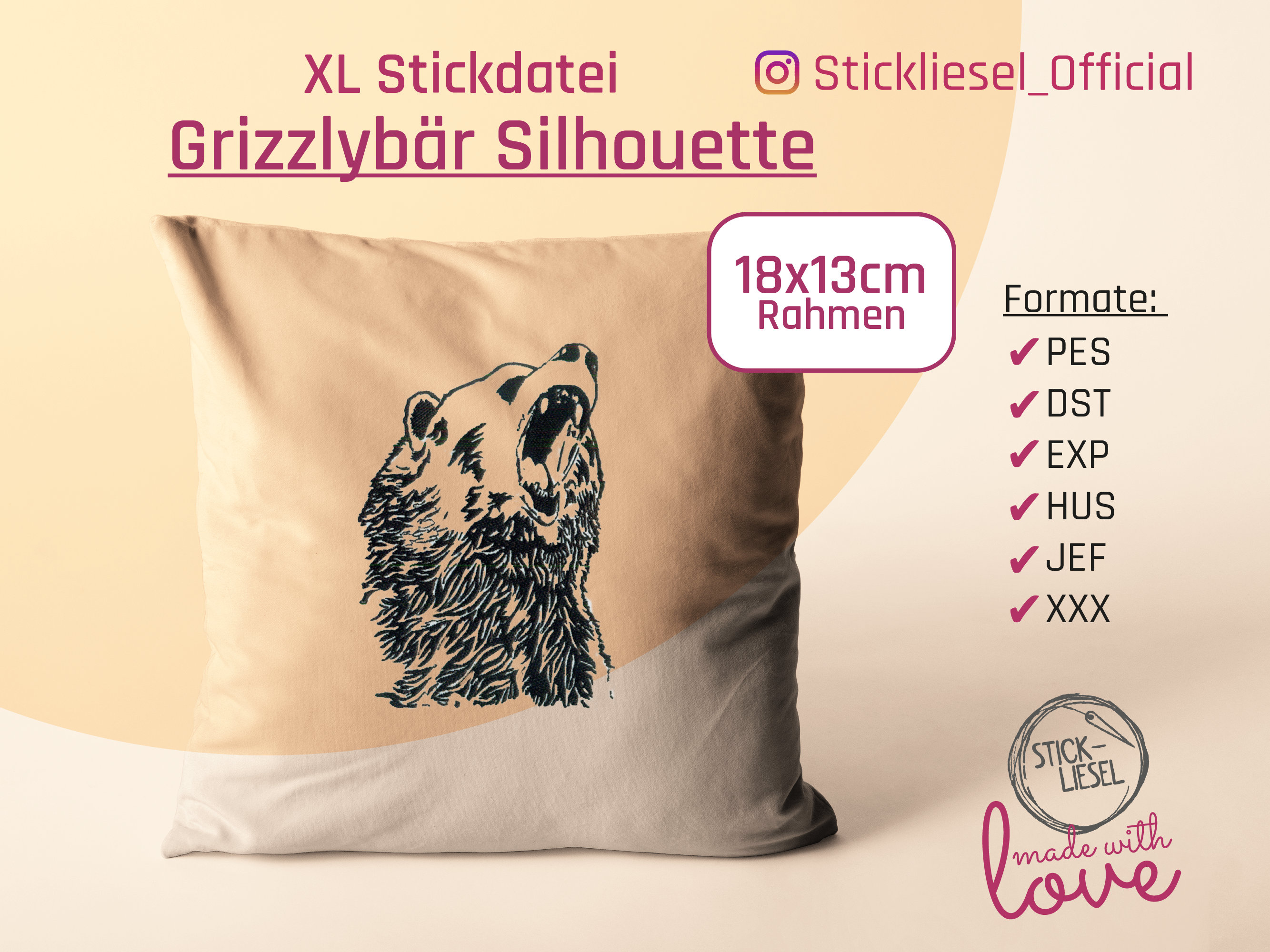 Grizzly Bear I Bear Motif Brown Bear Silhouette Embroidery File by Stickliesel
