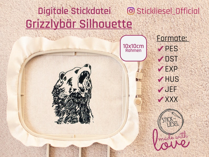 Grizzly Bear I Bear Motif Brown Bear Silhouette Embroidery File by Stickliesel