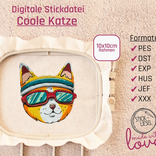 Coole Katze Hipster mit Brille 10x10 cm Stickdatei I Digitales Stickmuster by Stickliesel