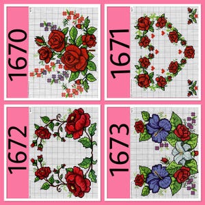 May include: Four cross-stitch patterns featuring floral designs. Each pattern is on a grid background and framed by a pink border with a number. The designs include red roses, purple and white flowers, and green leaves.