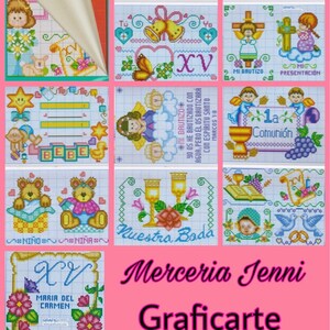 May include: A collection of cross-stitch patterns for various occasions, including baptism, first communion, wedding, and quinceañera. The patterns feature colorful illustrations of angels, children, and religious symbols. The title "Graficarte #9" is displayed at the bottom of the image.