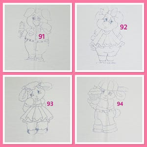 May include: Four black and white line drawings of sheep-like characters. Each character is wearing different clothing and holding different objects. The characters are numbered 91, 92, 93, and 94.