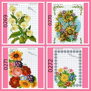 May include: Four cross-stitch patterns featuring floral designs. One shows calla lilies, another a sunflower bouquet, a third a mix of flowers, and the last a floral arrangement within a geometric border. Each design is labeled with a number.