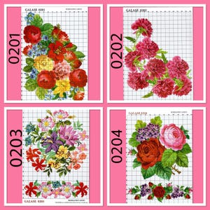 May include: Four cross-stitch patterns featuring floral designs. Each pattern is on a grid, with a variety of flowers in shades of red, pink, yellow, purple, and blue. The patterns are labeled with numbers and the "GALASE" brand.