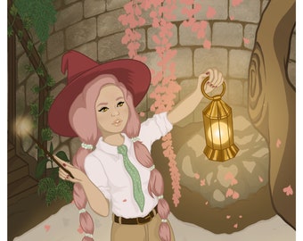 Plant Pink Witch Girl 5x7 Art Print - Illustration - Lislatina - Lissa Galguera - Giclee Print